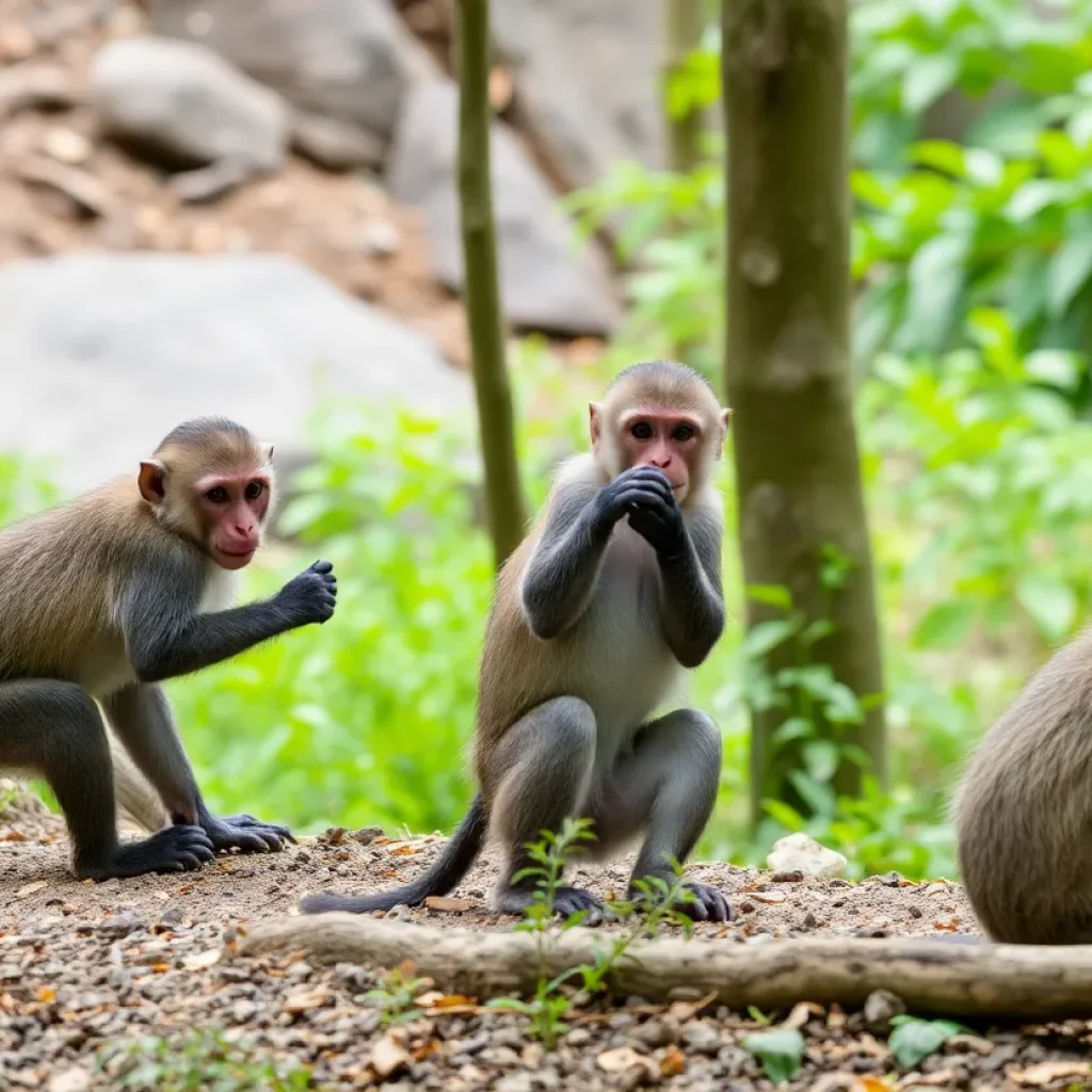 Playful monkeys exploring a natural forest environment.