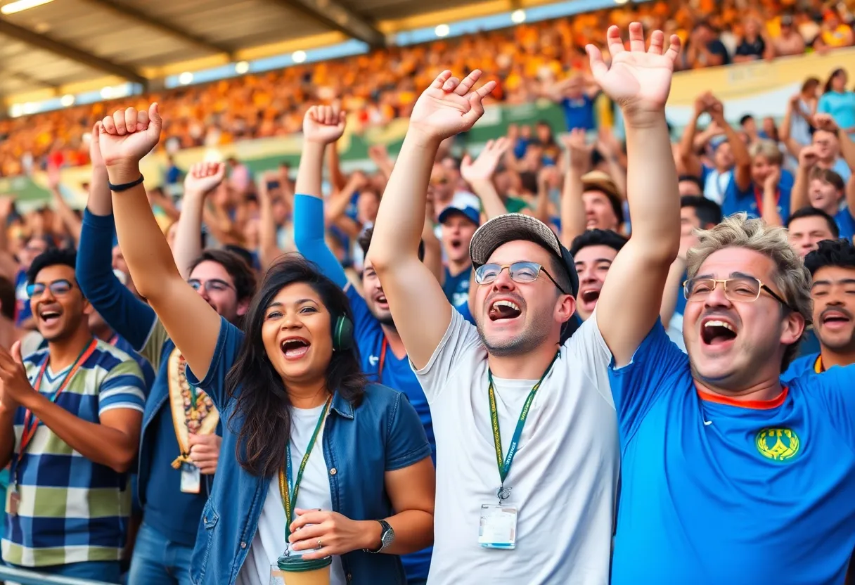 Celebratory football fans cheering in a vibrant stadium.