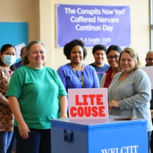 Election day ballot box with diverse community support.