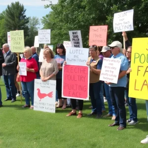 Community gathering with signs against poultry farm expansion.