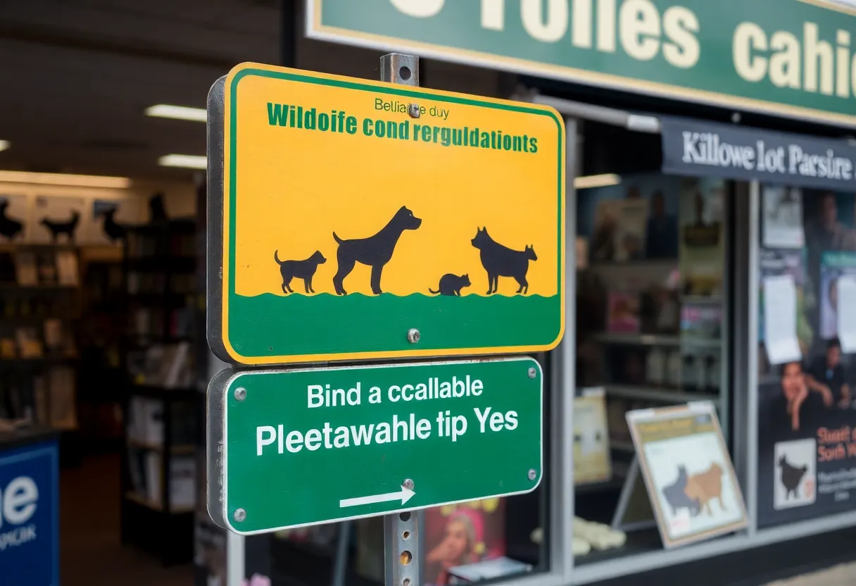 Wildlife and regulations signage near a pet shop.