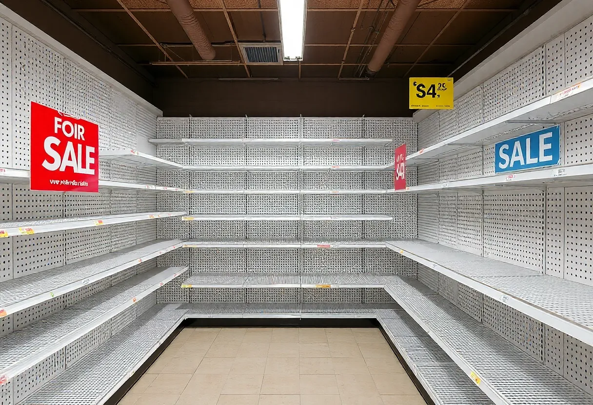 Empty retail shelves with sale signs prominently displayed.