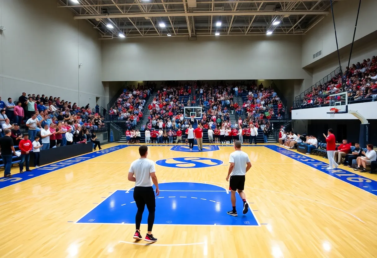 Basketball court with vibrant team colors and cheering fans.