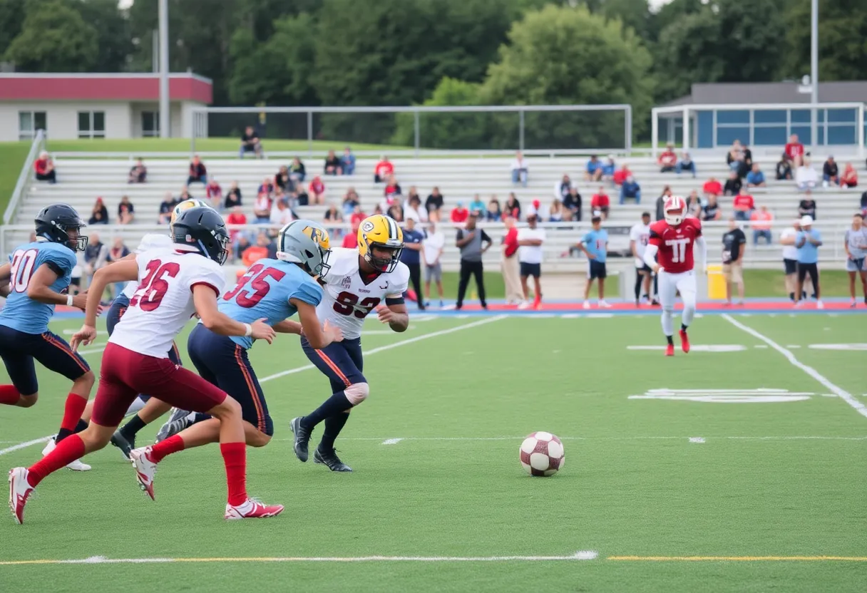 Dynamic football action on a vibrant high school field.