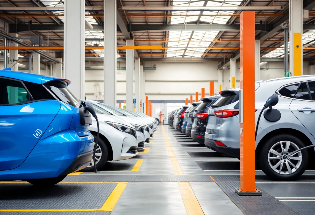 Electric vehicles charging in a modern manufacturing facility.