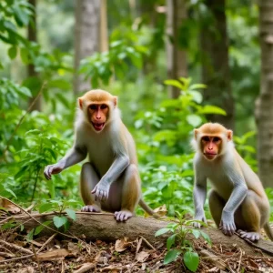 Rhesus macaques playfully exploring a lush forest environment.