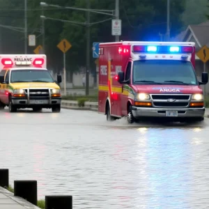 Flooded streets with emergency vehicles and rising water levels.