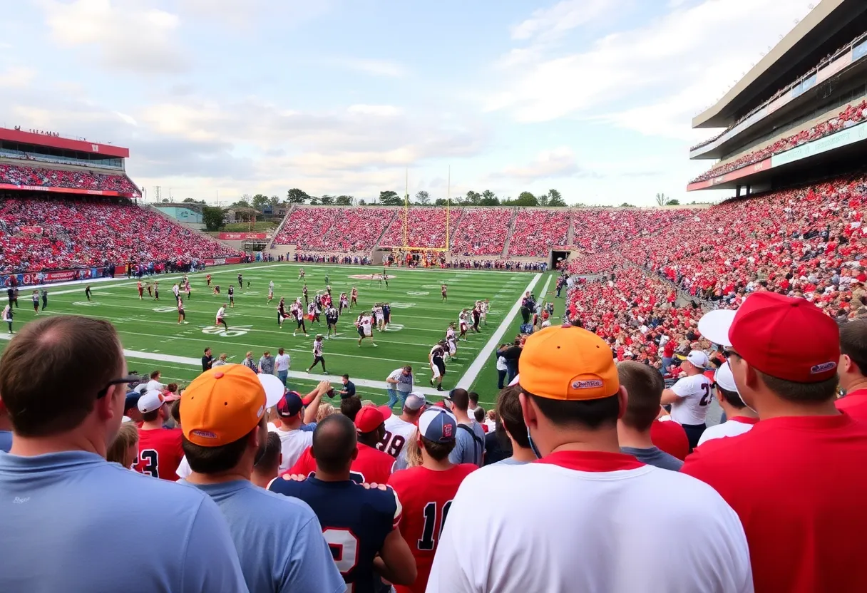 College football rivalry atmosphere with vibrant team colors.