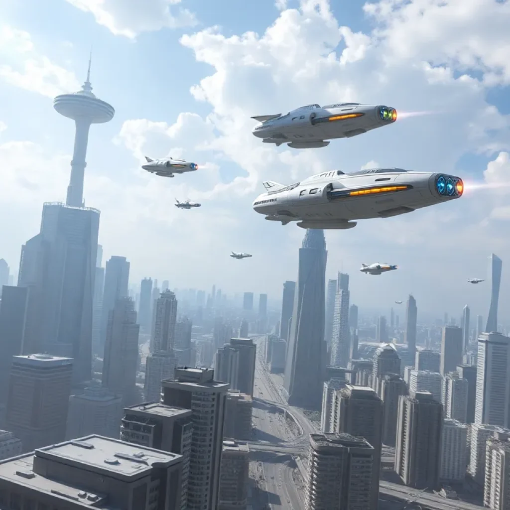 Futuristic cityscape with flying vehicles in the sky.