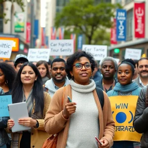 Consumers interacting in an urban environment, demonstrating diverse political views.