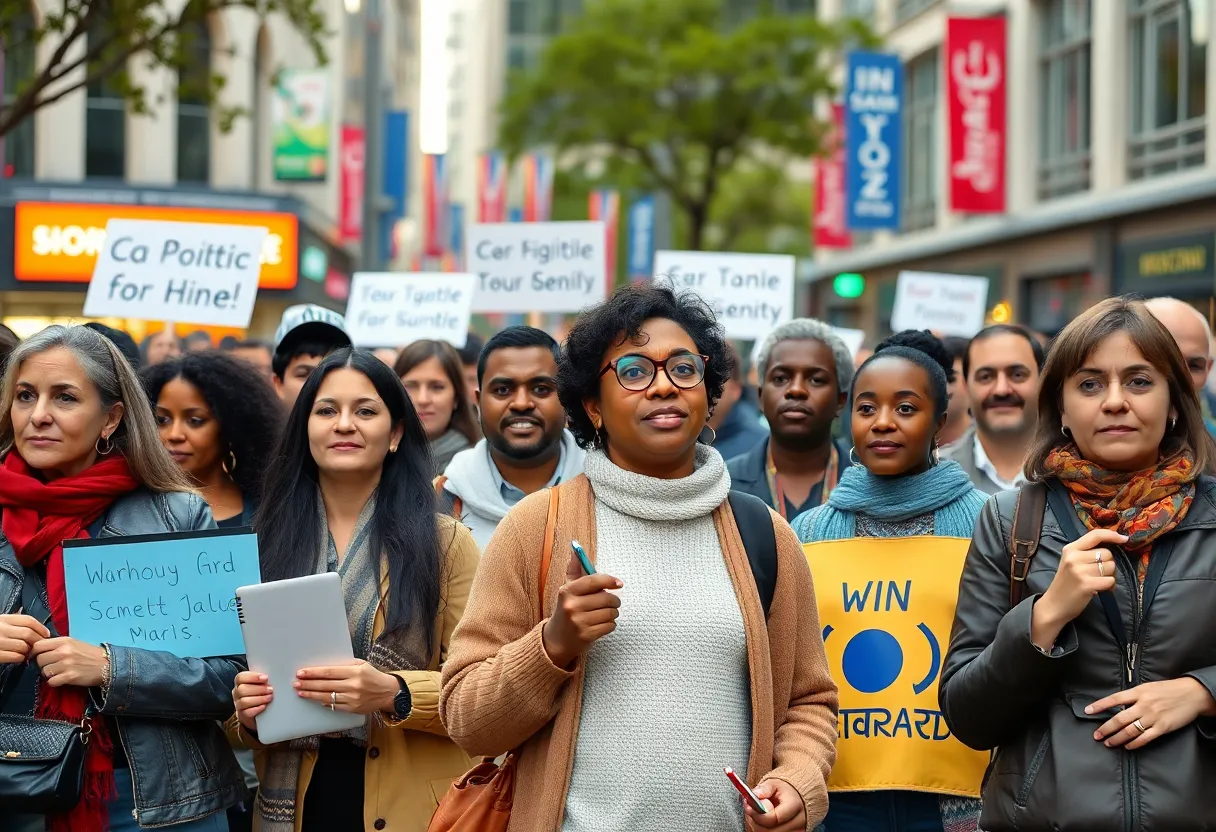 Consumers interacting in an urban environment, demonstrating diverse political views.