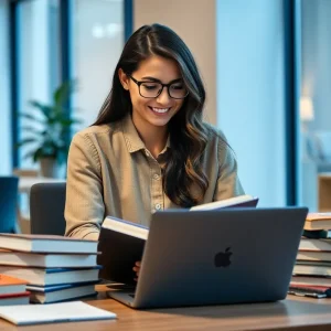 Individual studying for digital marketing certifications in a modern office setting.