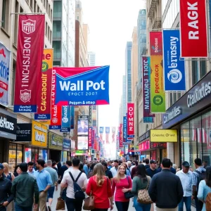 City scene showcasing election marketing strategies with people and banners.