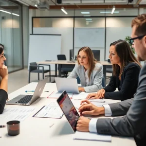 A team collaborating on a digital marketing strategy in a modern office setting.