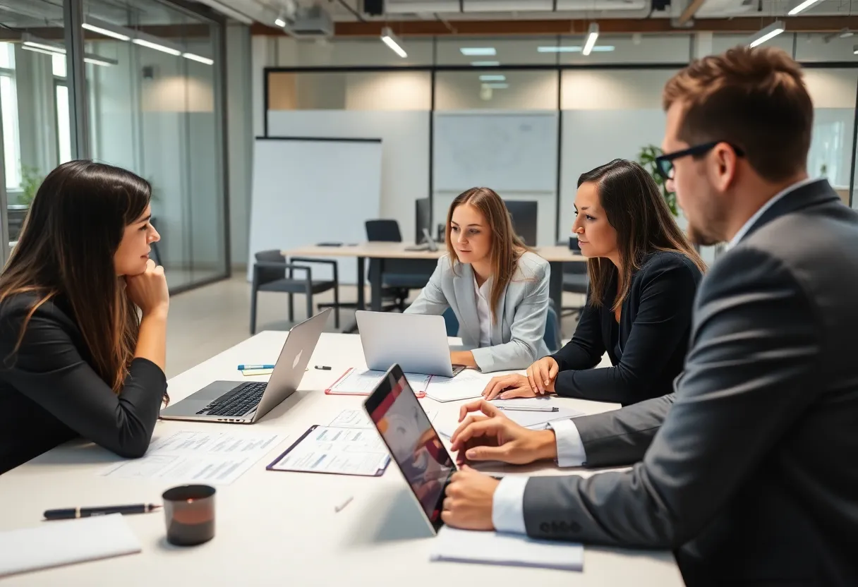 A team collaborating on a digital marketing strategy in a modern office setting.