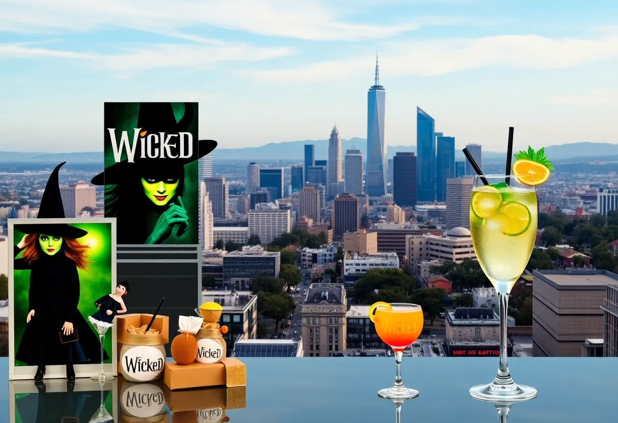 A bustling Los Angeles scene with Wicked merchandise and movie posters.