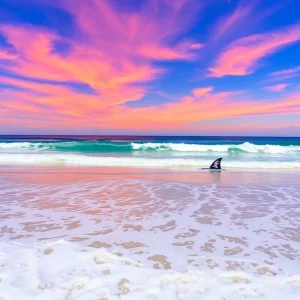 Vibrant beach scene with surfers and distant shark fin.