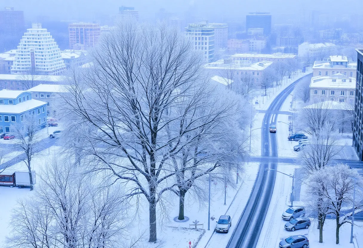 Snow-covered cityscape with frosty trees and empty streets.