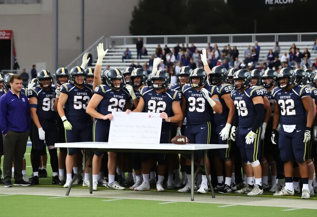 College football team celebrating a new recruit signing.