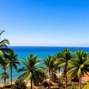 Sunny coastal landscape with palm trees and blue skies.