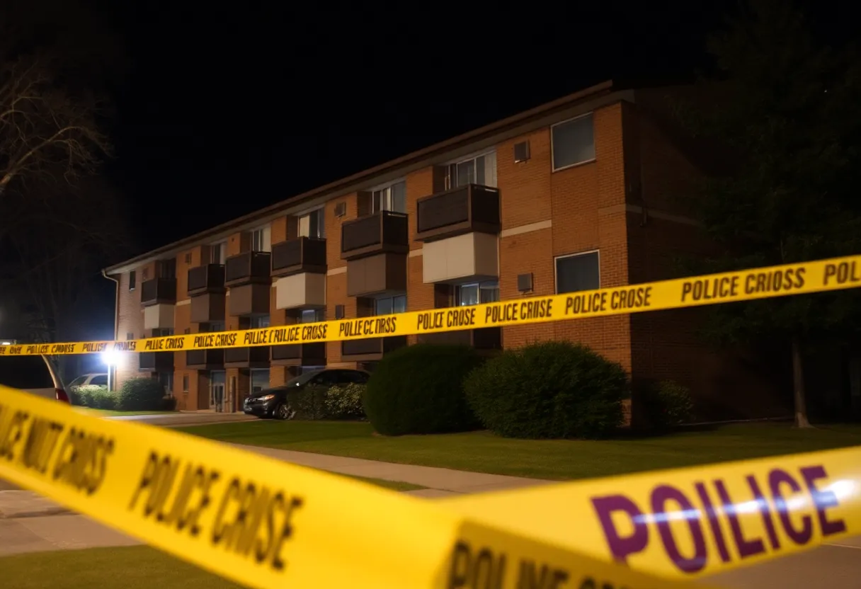 Police tape surrounding an apartment complex at night.