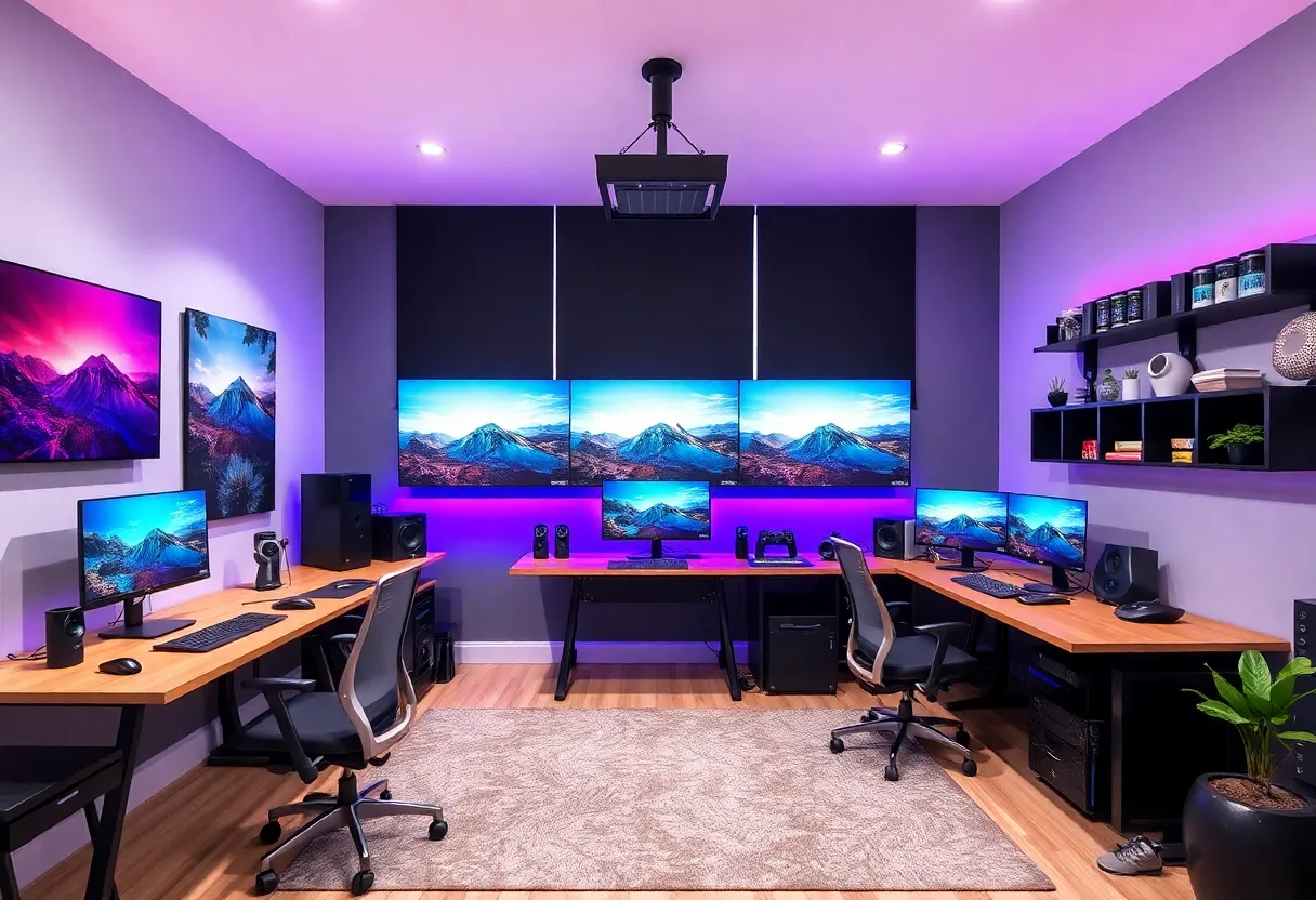 Modern gaming studio interior with vibrant creative workspace.