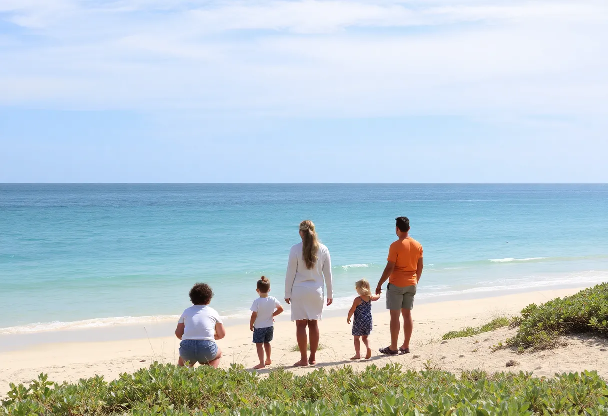 Scenic beach view with families enjoying nature together.