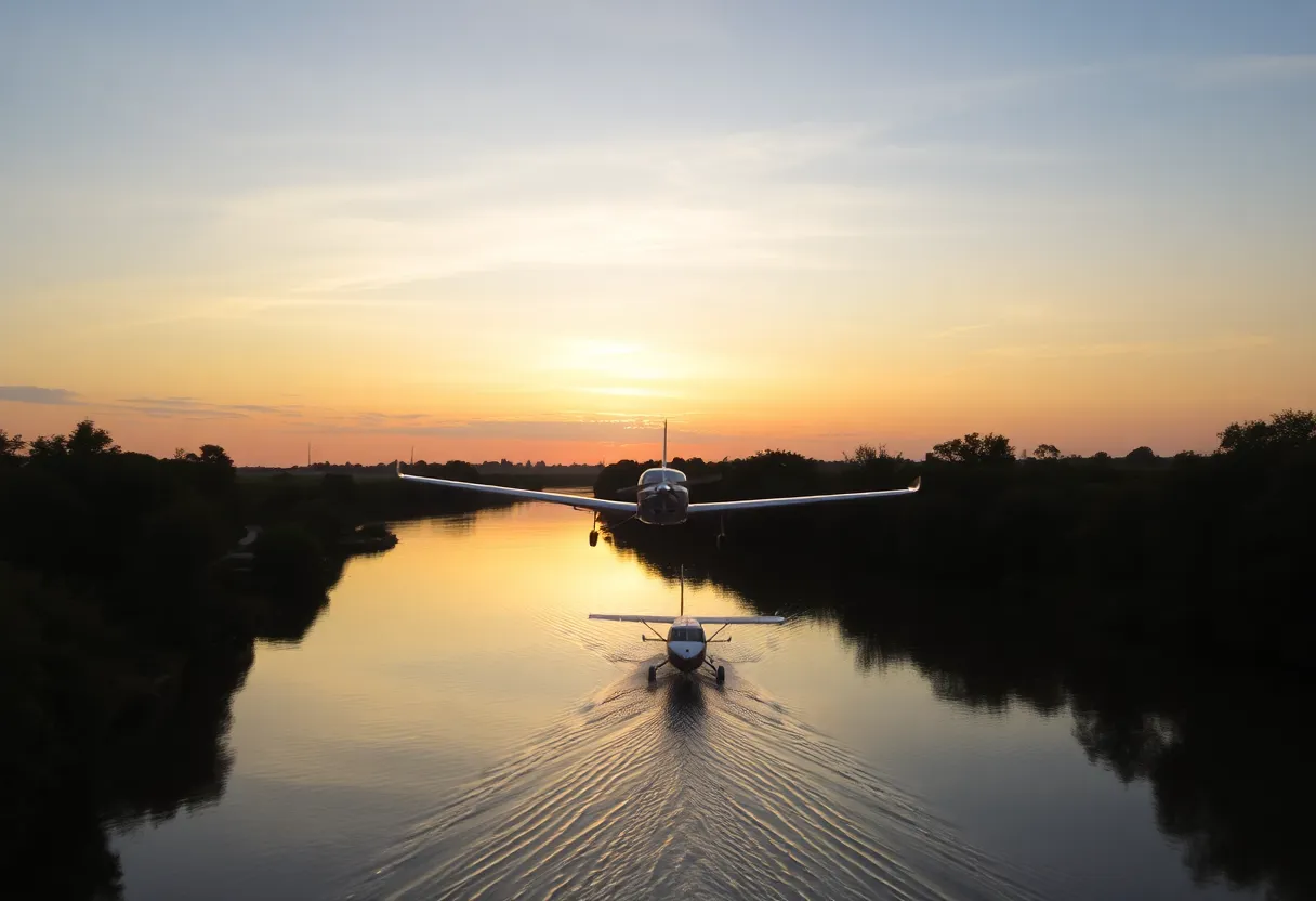 Small plane floating on tranquil river at sunset.