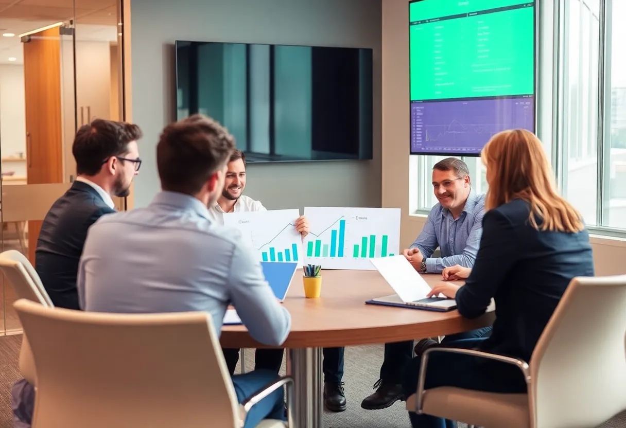 Business team discussing energy solutions in a conference room.