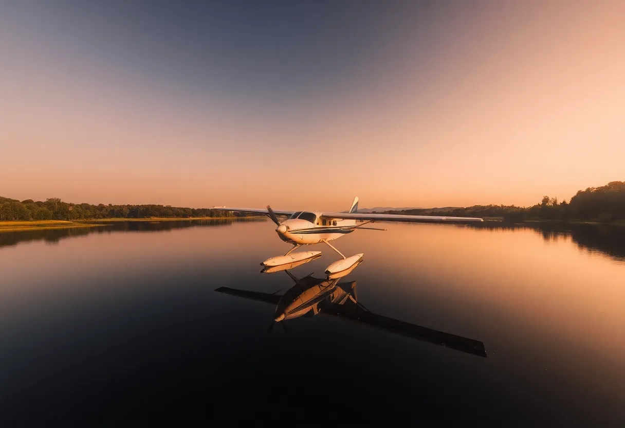 Aircraft floating on water surrounded by tranquil nature.