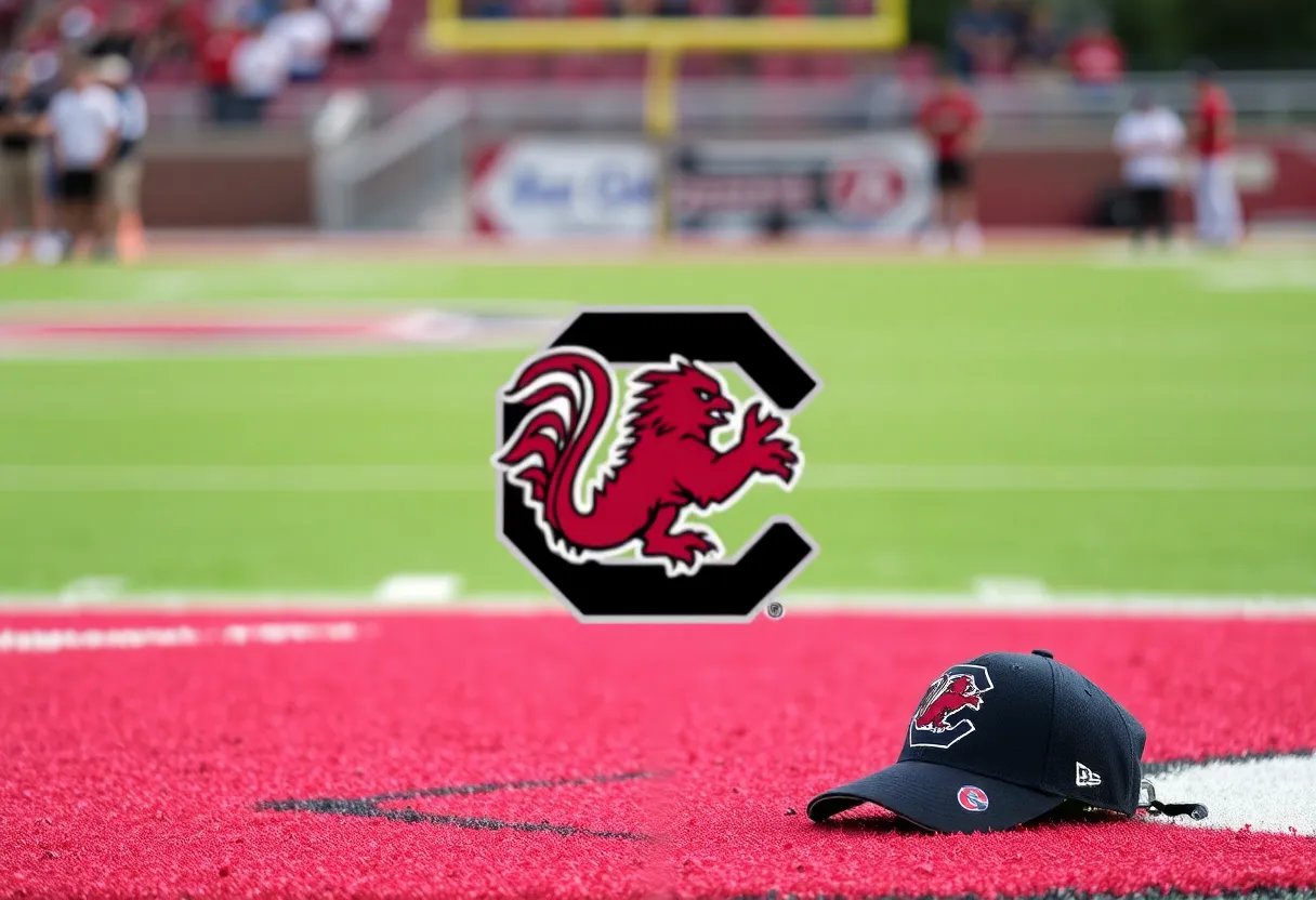 Football gear and South Carolina Gamecocks logo on field.