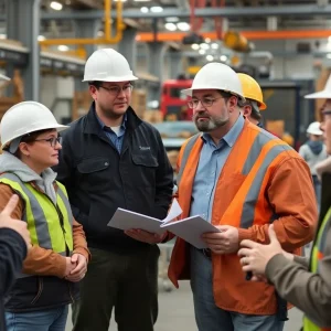 Workers in hard hats discussing union strategies on factory floor.