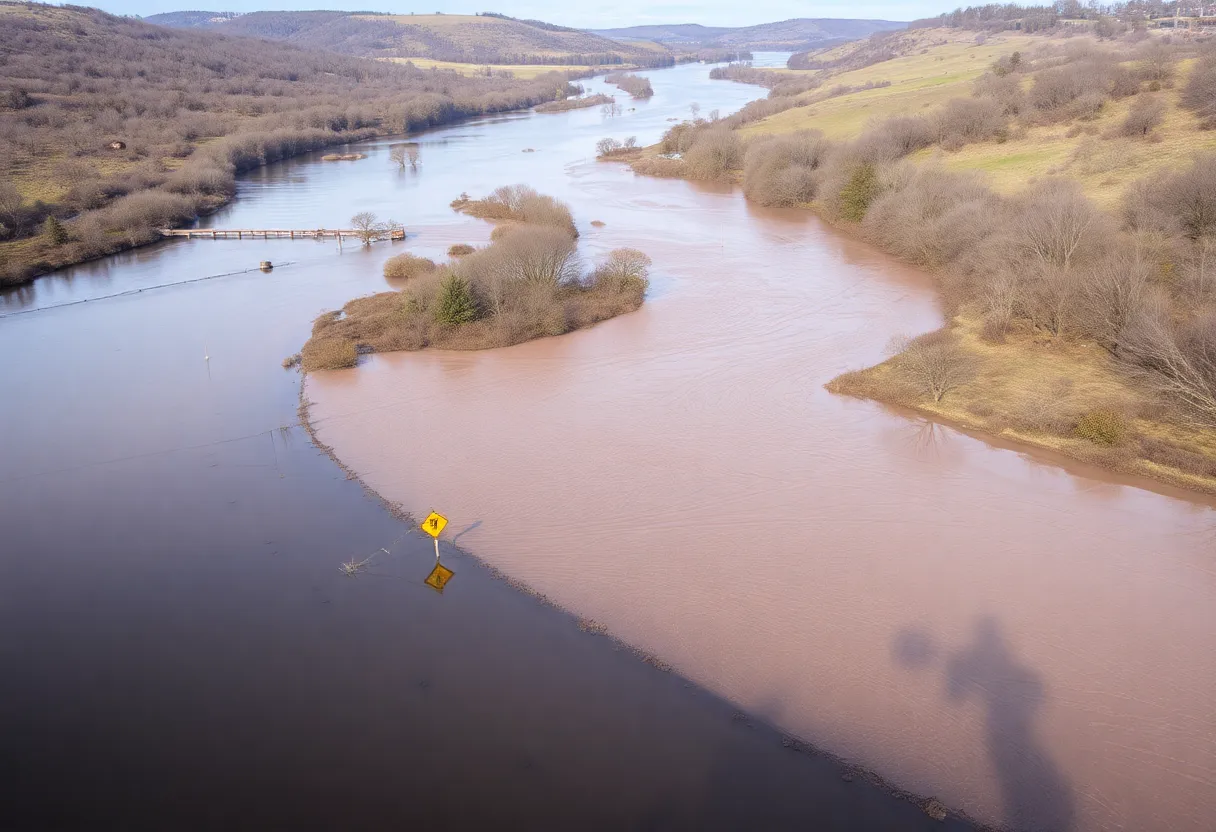 Flooded river landscape with warning signs visible.