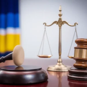 Gavel and scales of justice on a courtroom table.