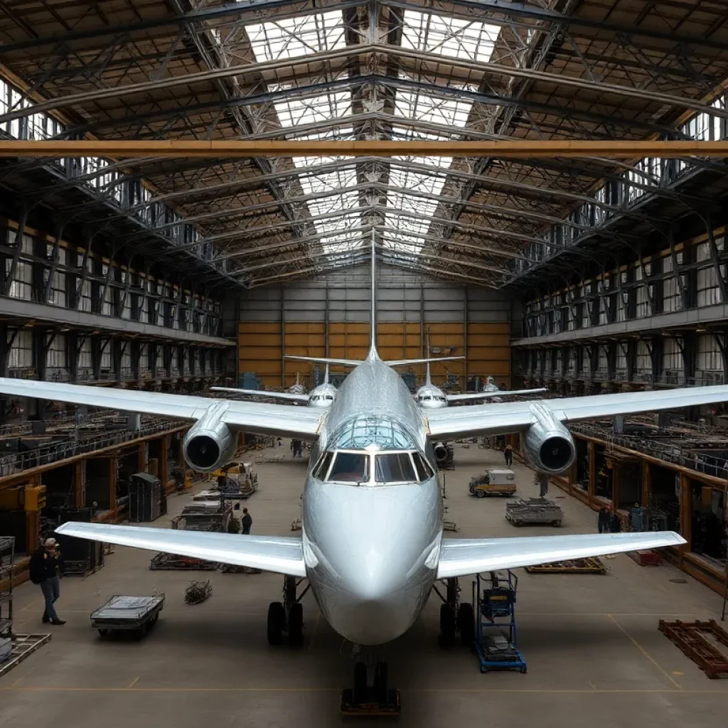 Large factory building with planes being assembled inside.