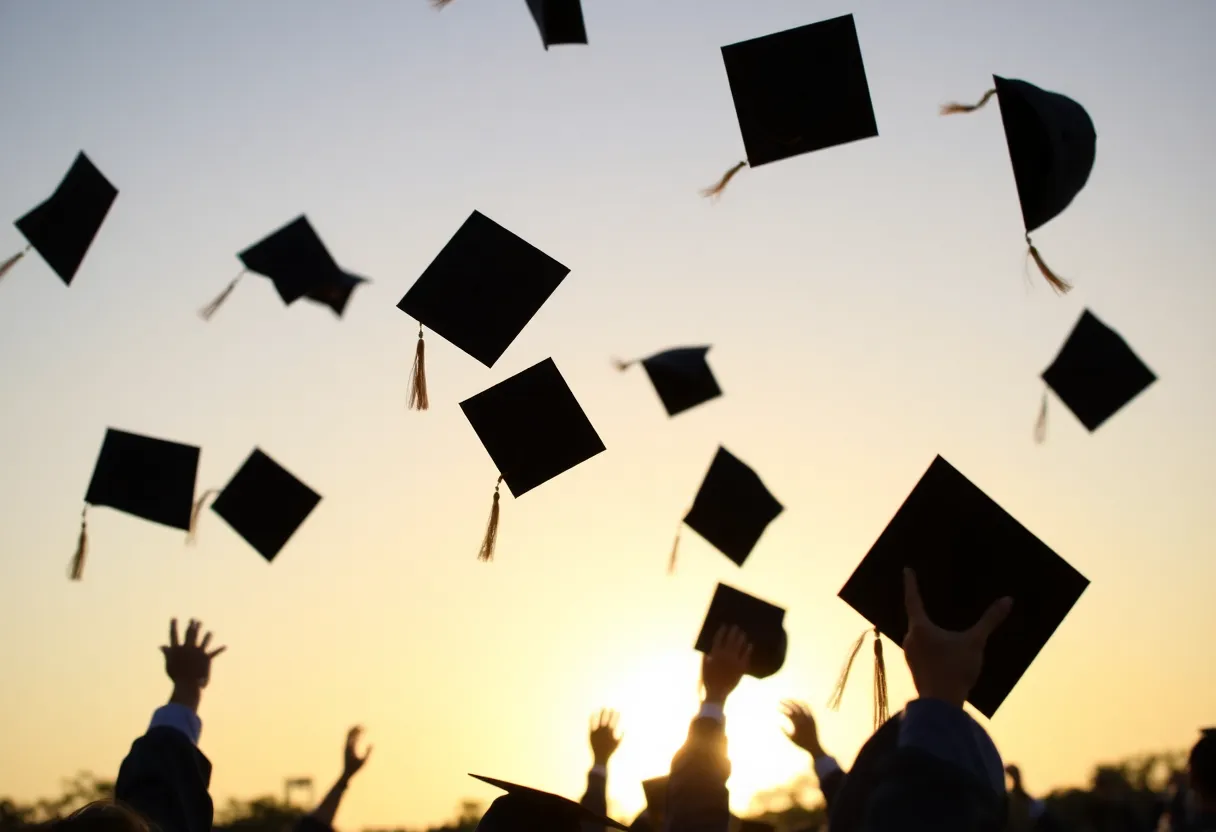 Graduation caps tossed in the air against sunrise backdrop.