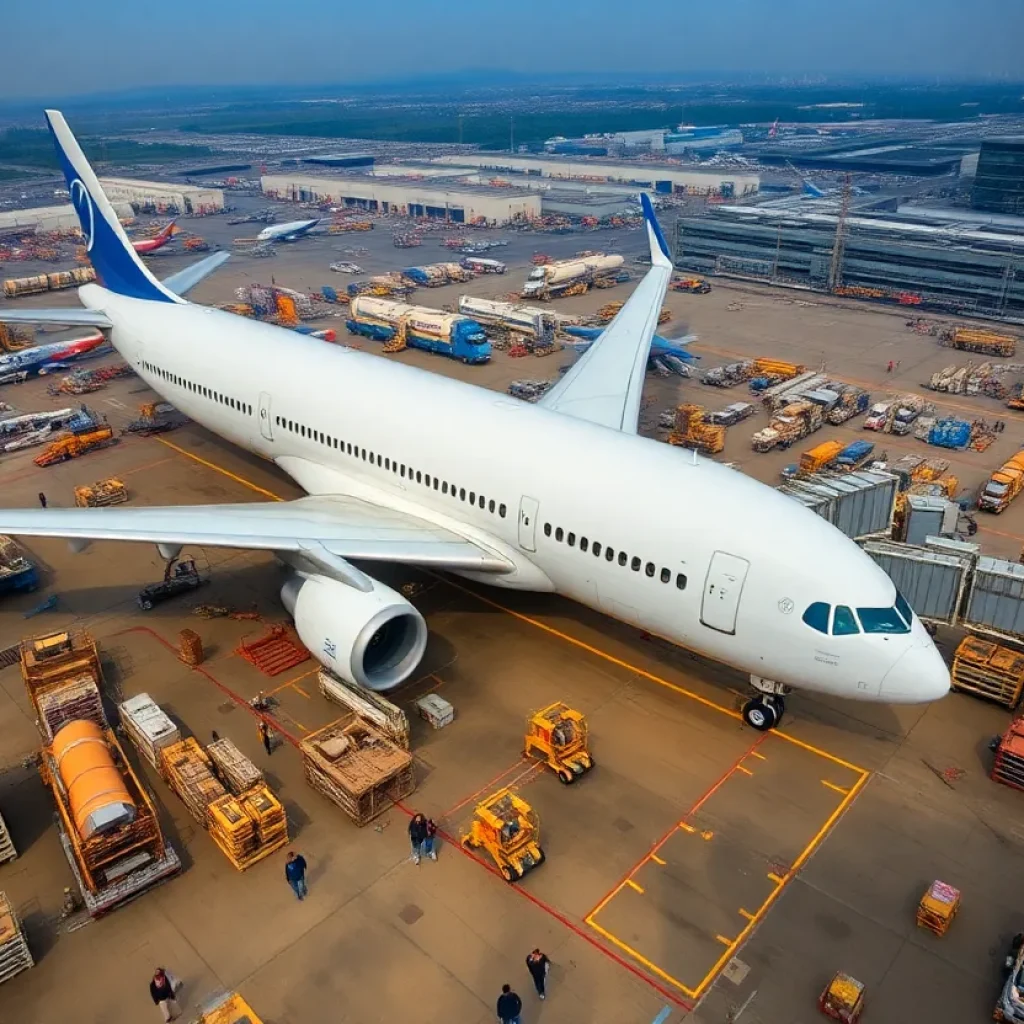 Aerial view of Boeing factory with bustling workforce.