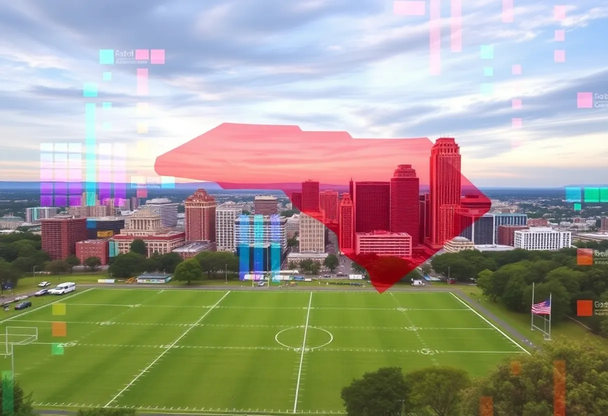 Colorful sports betting graphics overlaying South Carolina skyline.