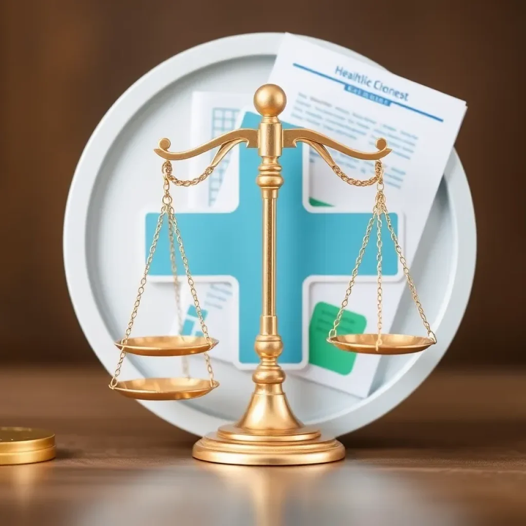 Healthcare symbol with legal scales and funding documents.