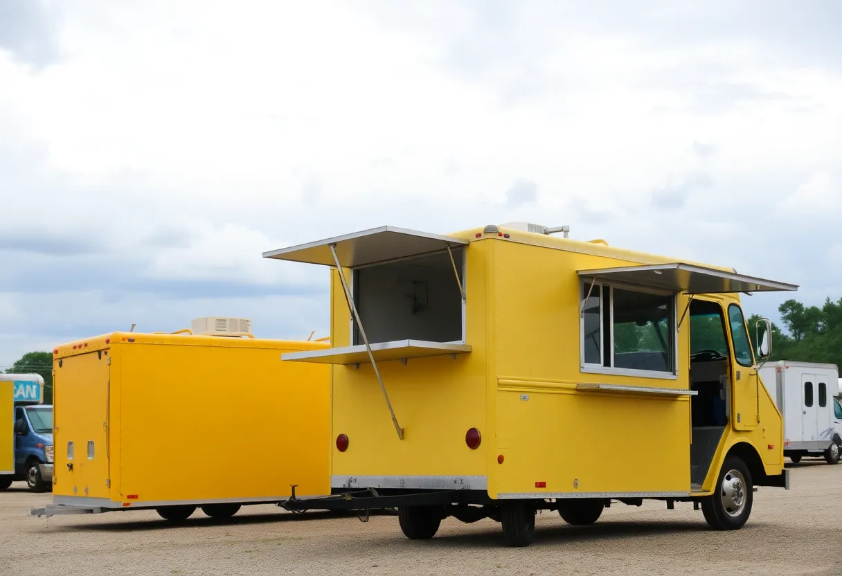 Empty food trucks parked under a cloudy sky.