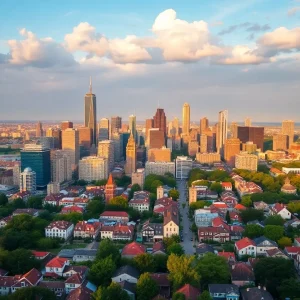 Vibrant city skyline with diverse neighborhoods and green spaces.