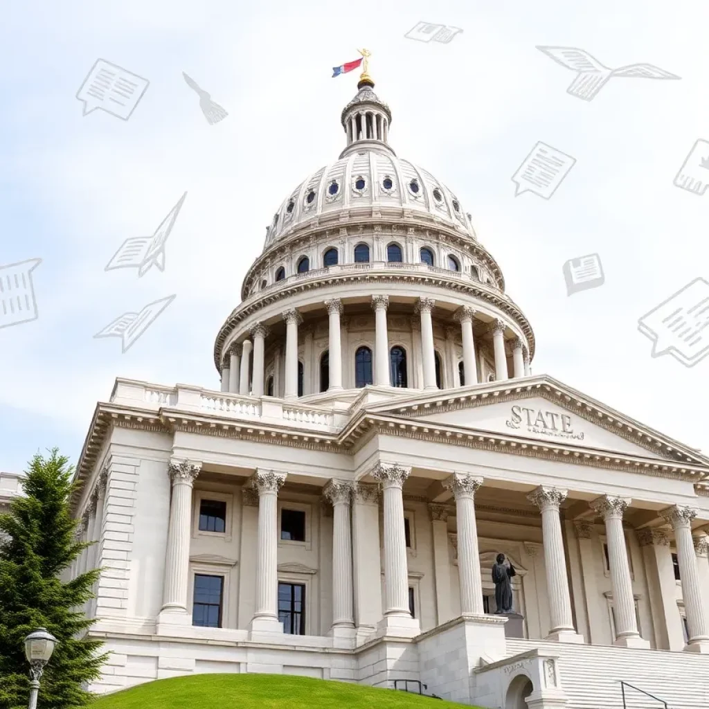 State Capitol building with educational symbols and documents.