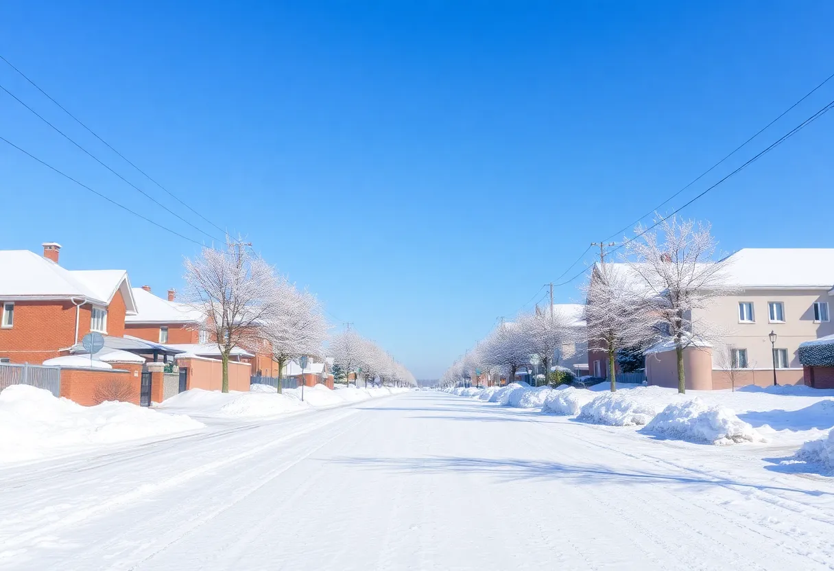 Snow-covered streets under a clear blue sky.