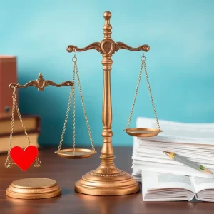 Scales of justice with healthcare symbols and documents.