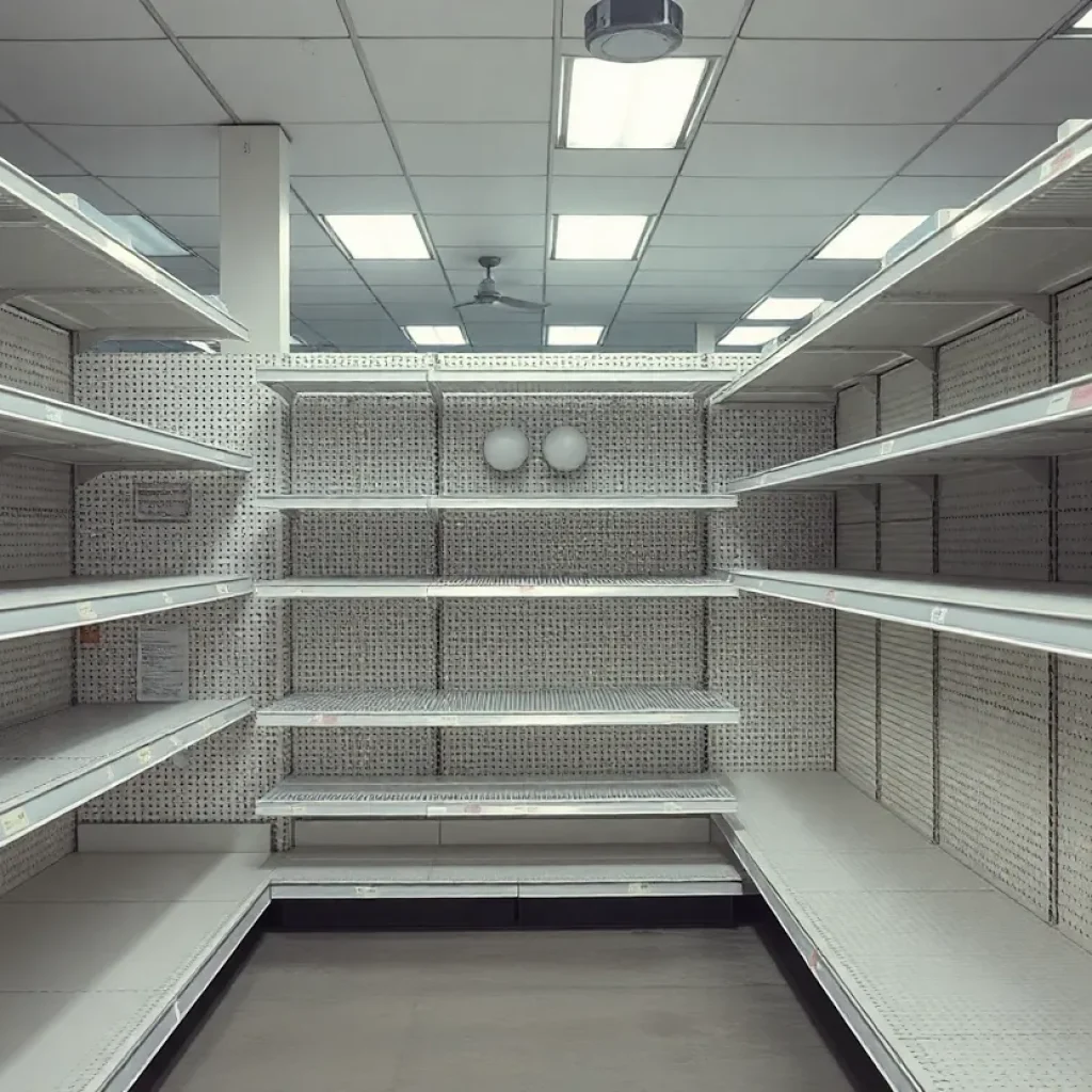 Empty retail shelves in a dimly lit store interior.