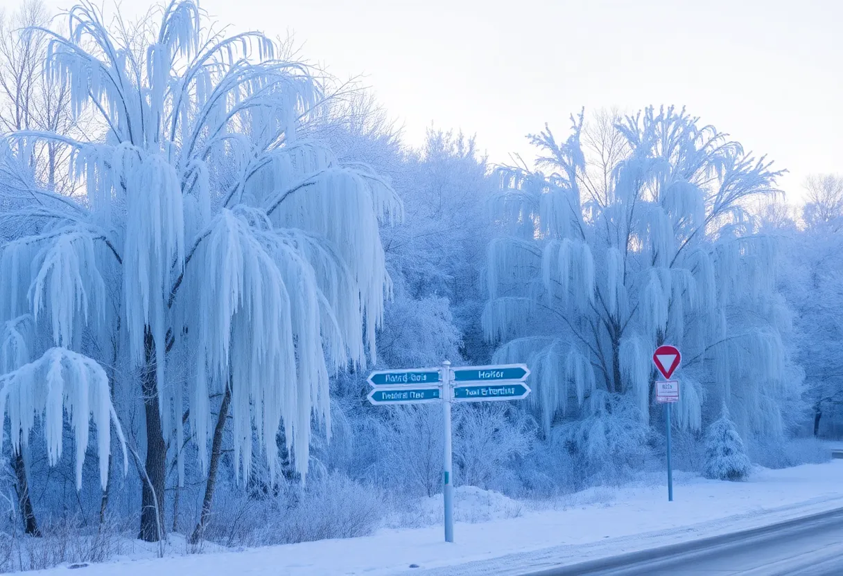 Frozen landscape with icy trees and street signs.