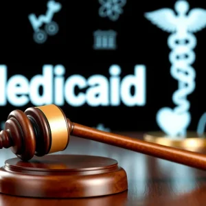 Courtroom gavel with Medicaid and healthcare symbols in background.