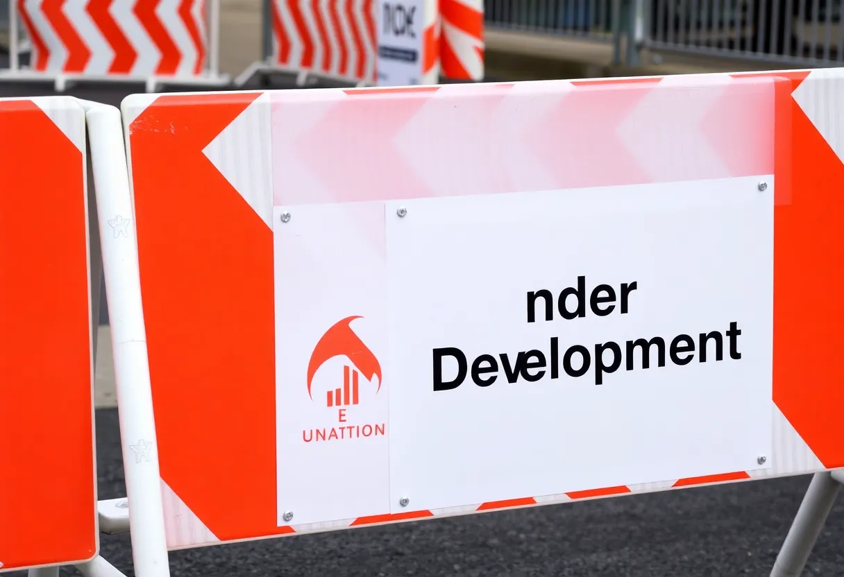 Construction barriers with "Under Development" sign and logo.