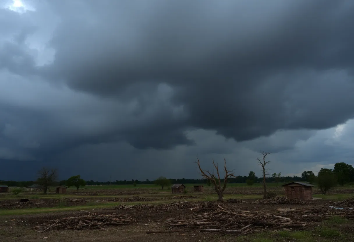 Dark storm clouds gathering over a damaged landscape.