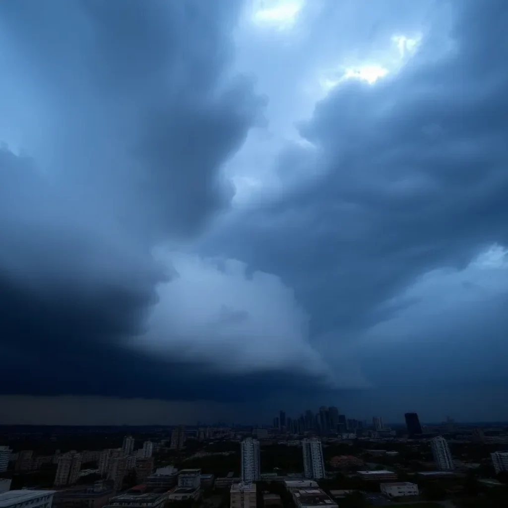 Dark storm clouds swirling above a city skyline.